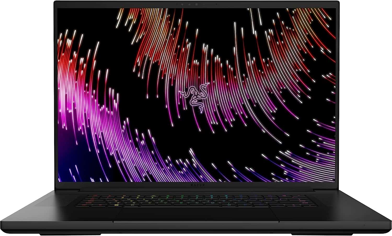 A black Razer Blade 18" laptop with a colorful background.