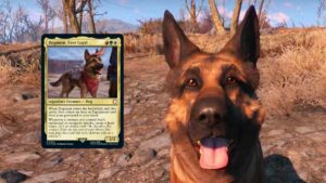 A dog with a card in front of it, showcasing its commander deck.
