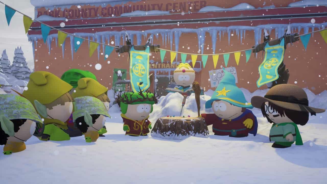 South Park Snow Day classes: An image of the player alongside Eric, Kyle, and Butters in the game. Image captured by VideoGamer.