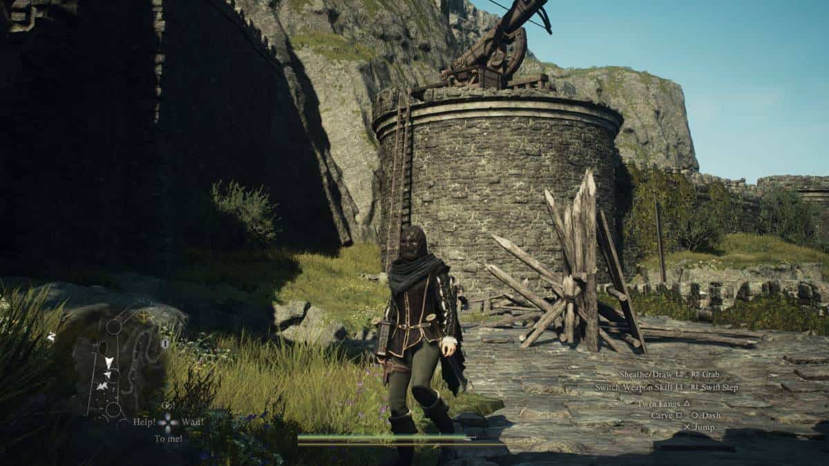 how to find the Mountain Shrine - A robed figure stands in front of an old stone tower, reminiscent of scenes from Dragon's Dogma 2, with a wooden crane attachment in a grassy, outdoor setting.