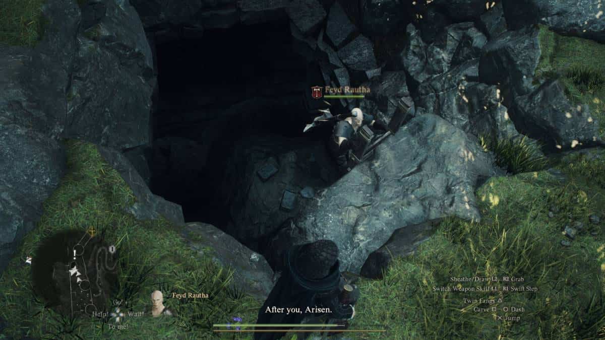 how to find the Mountain Shrine - A player character looking down into a dark cave entrance with a companion, poised to solve Sphinx riddles in Dragon's Dogma 2 - A Game of Wits.