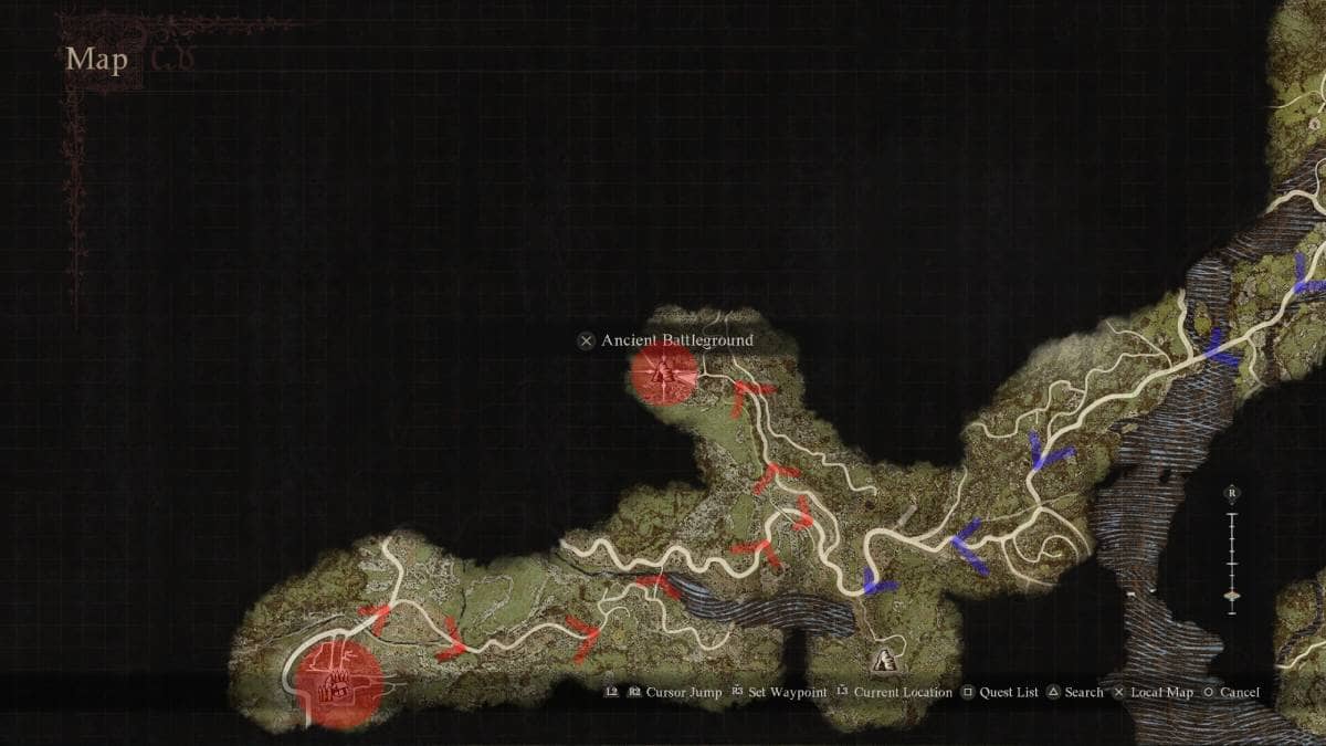 how to find the Mountain Shrine: In-game map depicting a fantasy landscape with marked locations, including an "ancient battleground" and Sphinx riddle solutions in Dragon's Dogma 2 - A Game of Wits.