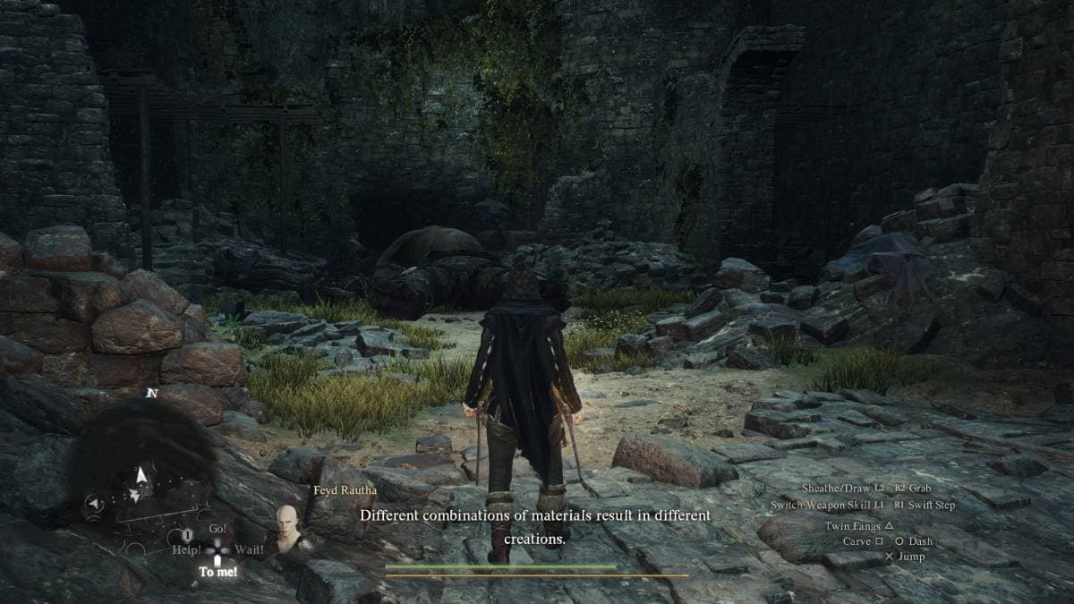 how to find the Mountain Shrine - A player character in a medieval setting explores a dilapidated stone structure, with a gameplay tooltip about Dragon's Dogma 2 material combinations visible on the screen.