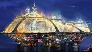 Starfield Neon City: A concept art image of Neon City, a glass-walled underwater city in Starfield,