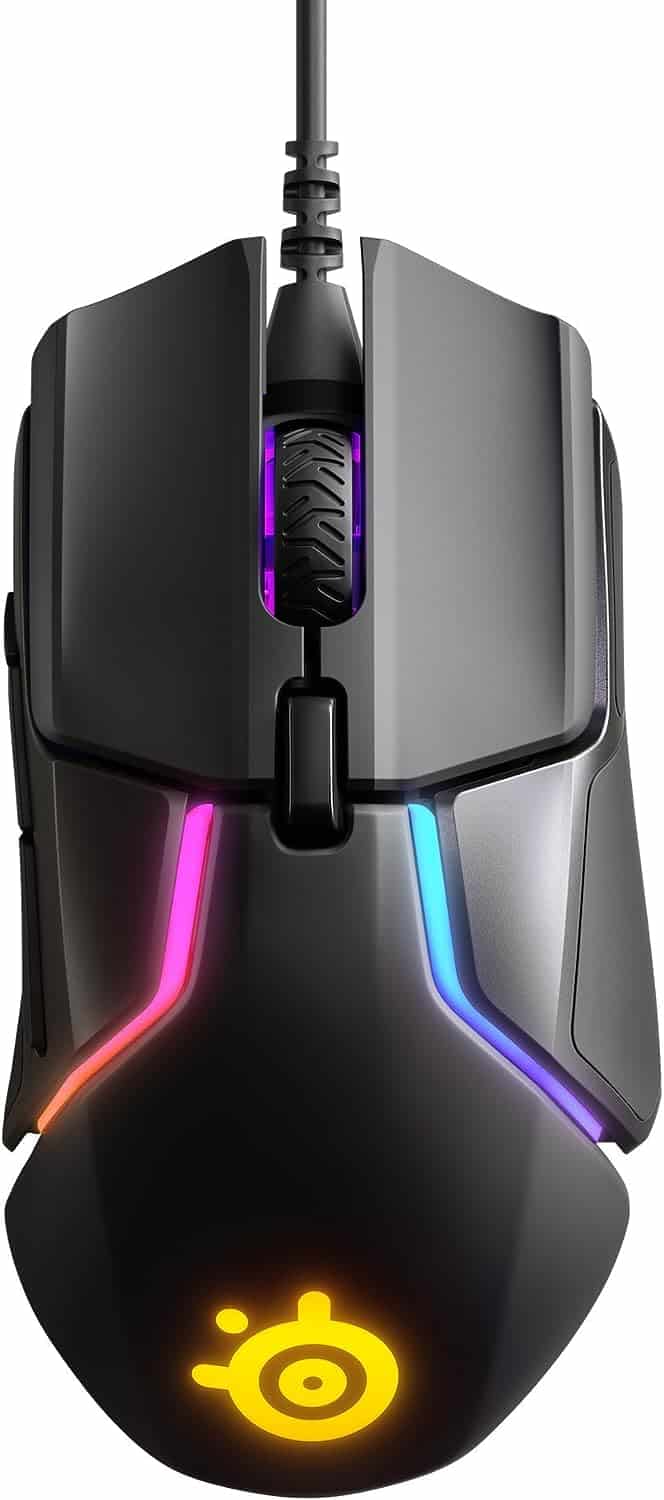A SteelSeries Rival 600 gaming mouse with a colorful light on it.