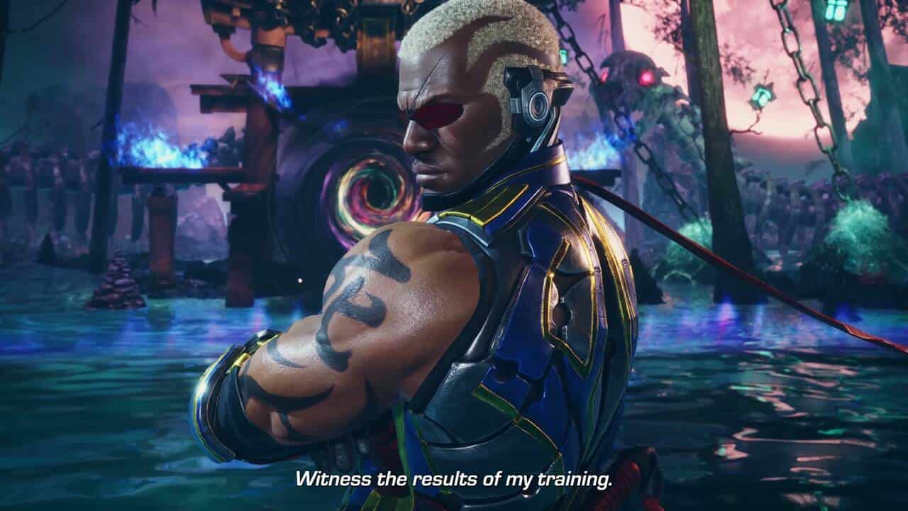 Tekken 8 Raven: Raven facing the camera over his shoulder. The subtitles say: "Witness the results of my training."