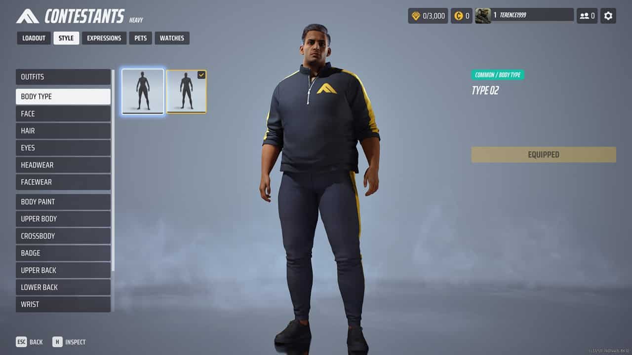 A screenshot of a character's outfit in The Finals showcasing the selected body type. Image captured by VideoGamer.