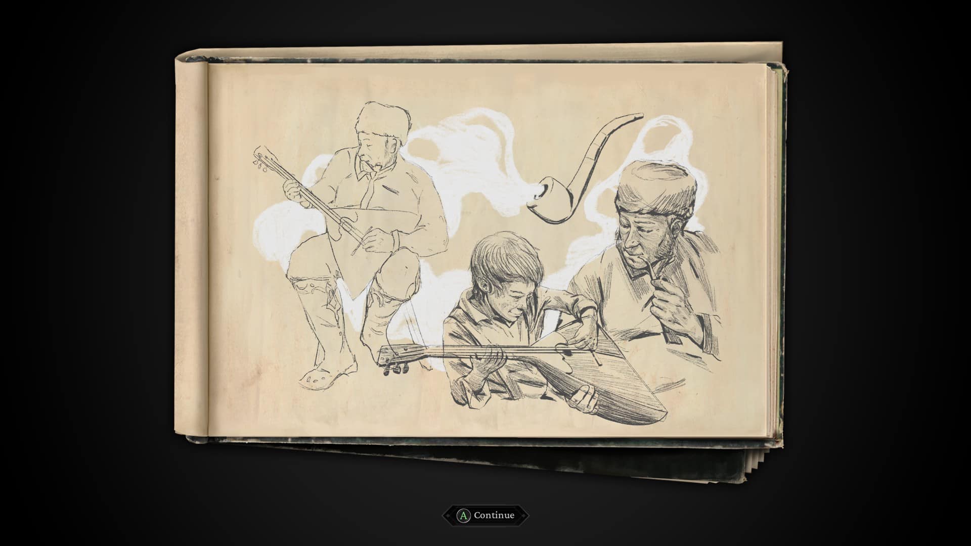 The Thaumaturge review: A drawing of a man and boy playing the balalaika, with a pipe smoking in the background.