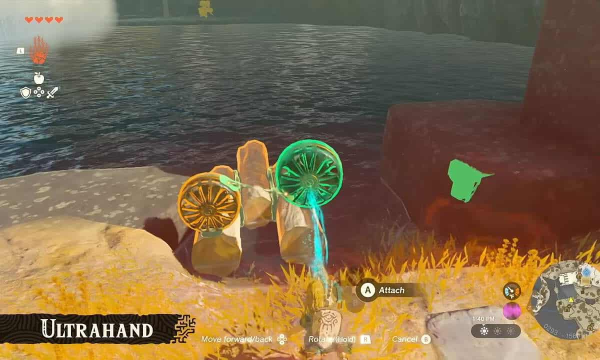 Tears of the Kingdom Ultrahand: Link using Ultrahand to attach a propeller to a raft to make a boat.