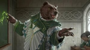 A bear in a green robe, known as ruxa patient professor one the best budget commander decks, is standing in front of a classroom.