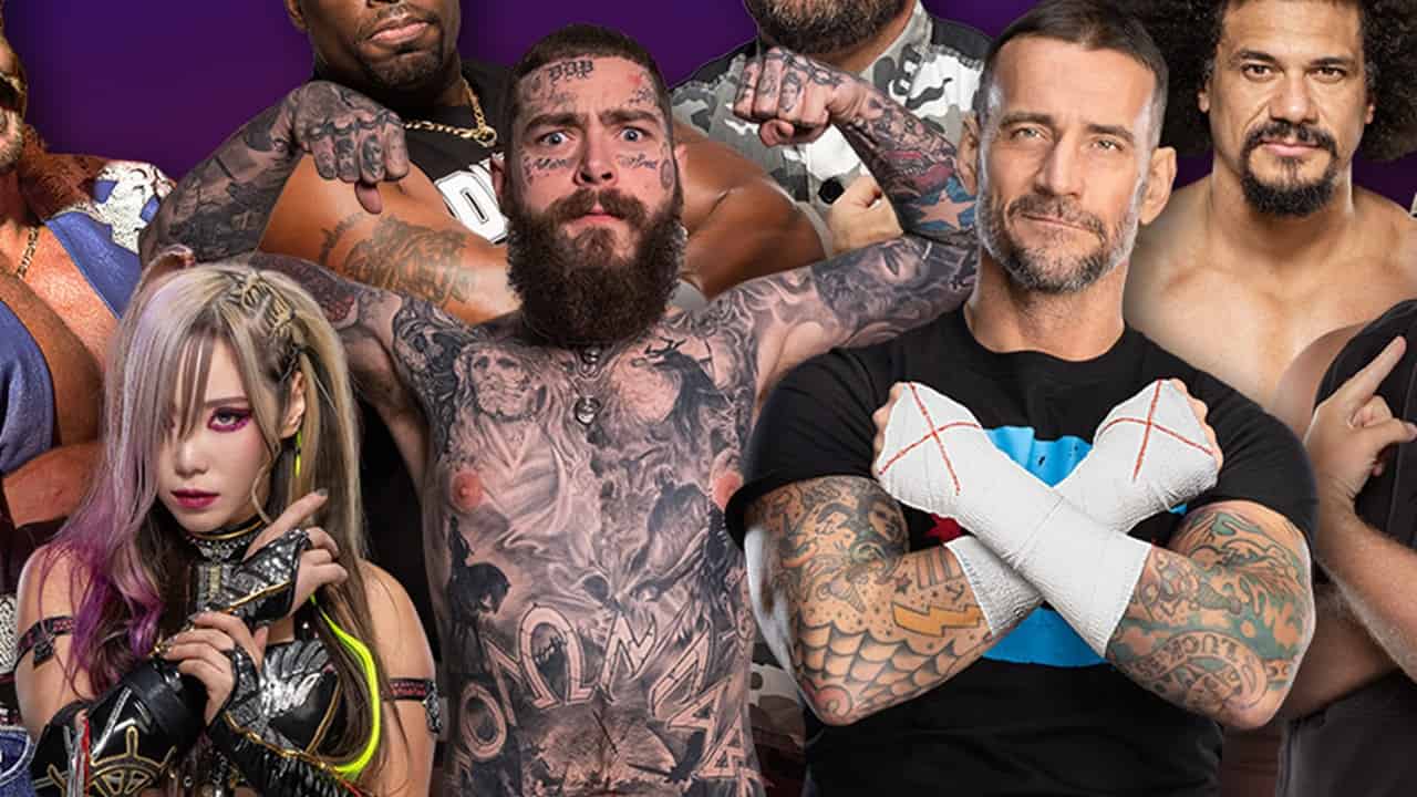 WWE 2K24 Post Malone - An image of the singer next to wrestlers in the game.